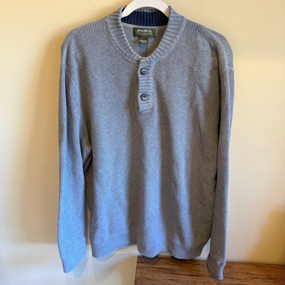 Eddie Bauer Mens Heavyweight Sweater Crew Neck Pullover 1/4 Button, Sz XL Gray